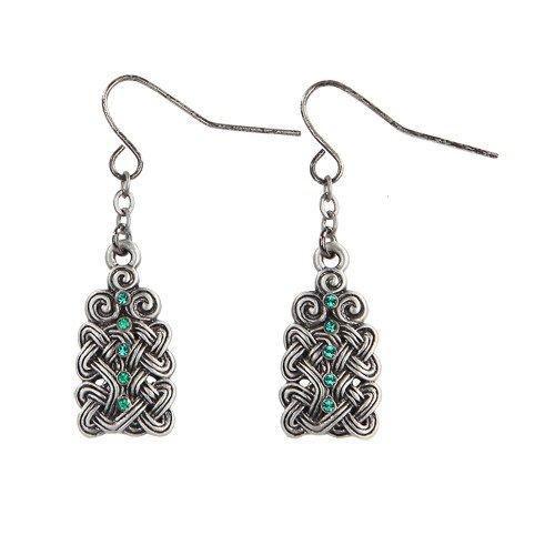 MYSTICA JEWELRY COLLECTION Celtic Knotwork with Green Crystal Pewter Earrings Jewelry- Mystica Collection