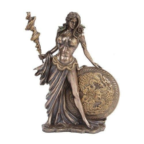 9.5 Inch Bronze Colored Frigga Figurine with Staph and Round Shield