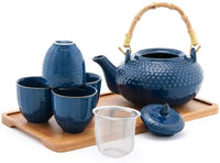 JAPAN COLLECTION Blue Ceramic 26 oz Tea Pot 4 cups Set with Bamboo Tray and Infuser