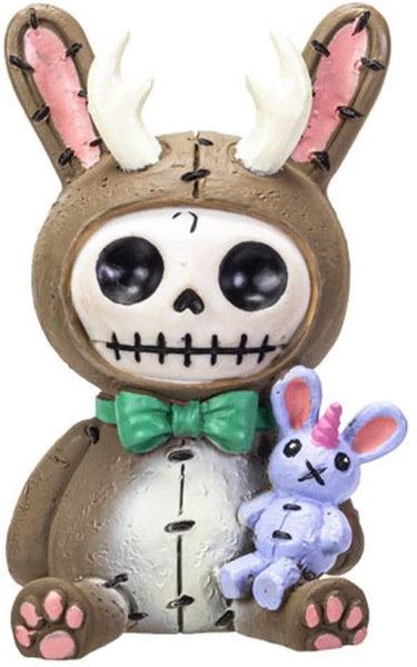 Furrybones Bun Bun Lope Signature Skeleton in a Jackalope Costume with a Stuffed Unicorn Bunny Friend 3.5” Tall