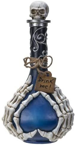Botega Exclusive Blue Silver Drink Me Potion Skeleton Hand Bottle Gothic Decor Figurine 12.40” Tall