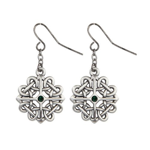 MYSTICA JEWELRY COLLECTION Celtic Flower with Green Crystal Pewter Earrings Jewelry