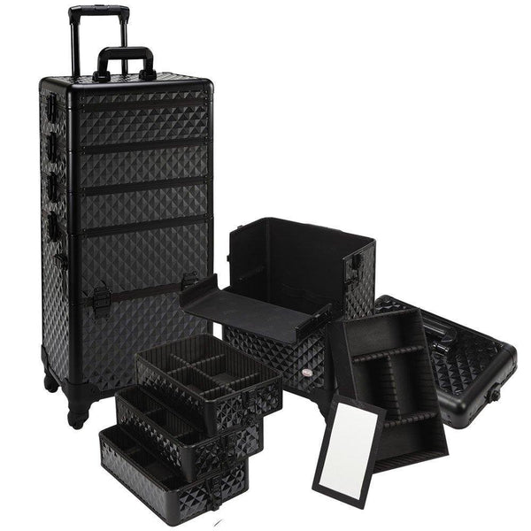 Professional Makeup Artist 4 in 1 Rolling Makeup Train Case w/ 4 Wheels and Adjustable Dividers