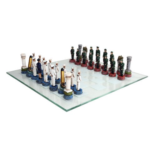 PACIFIC GIFTWARE US Army vs Navy Military Chess Set Hand Painted with Glass Board