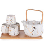 JAPAN COLLECTION 5-Pcs Contemporary Ceramic White Tea Set with Bamboo Tray