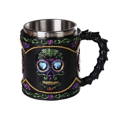 PACIFIC GIFTWARE Day of the Dead Celebration Black Sugar Skull Floral Design Collectible Mug Tankard 11oz