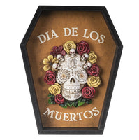 Pacific Giftware Dia de Los Muertos Sugar Skull Crown Flower Arrangement Coffin Plaque 6.75” Tall