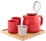 JAPAN COLLECTION Ceramic Red Tea Pot Set with Bamboo Tray and Infuser