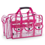 KIOTA Clear PVC Makeup Artist Storage Bag, Large Professional Makeup Artist Clear Cosmetic Tote Bag with Side Pockets and Shoulder Strap, Ergonomic Handle, ON THE GO Series - Pink Trim