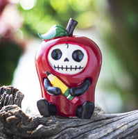 Pacific Giftware Furrybones Ringo Signature Skeleton in a Red Apple Costume with a Pencil Friend 3.5” Tall