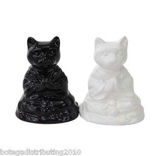 PACIFIC GIFTWARE Ceramic Black White Buddha Cat Magnetic Salt and Pepper Shaker
