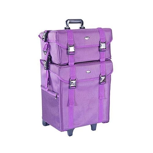 Professional Makeup Artist 2 in 1 Rolling Makeup Train Case Cosmetic Organizer Soft Trolley w/ Storage Drawers & Metal Buckles (Purple Fabric)