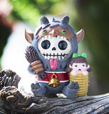 Furrybones Krampus Signature Skeleton in a Krampus Costume with a Little Girl Hostage Friend 3.5” Tall