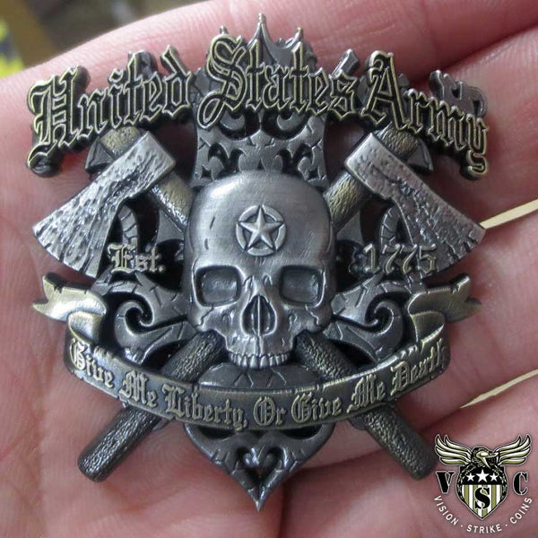US Army Give Me Liberty Or Give Me Death 1775 Military Challenge Coin Double Sided 2 Inch Diameter Pewter Lead Free